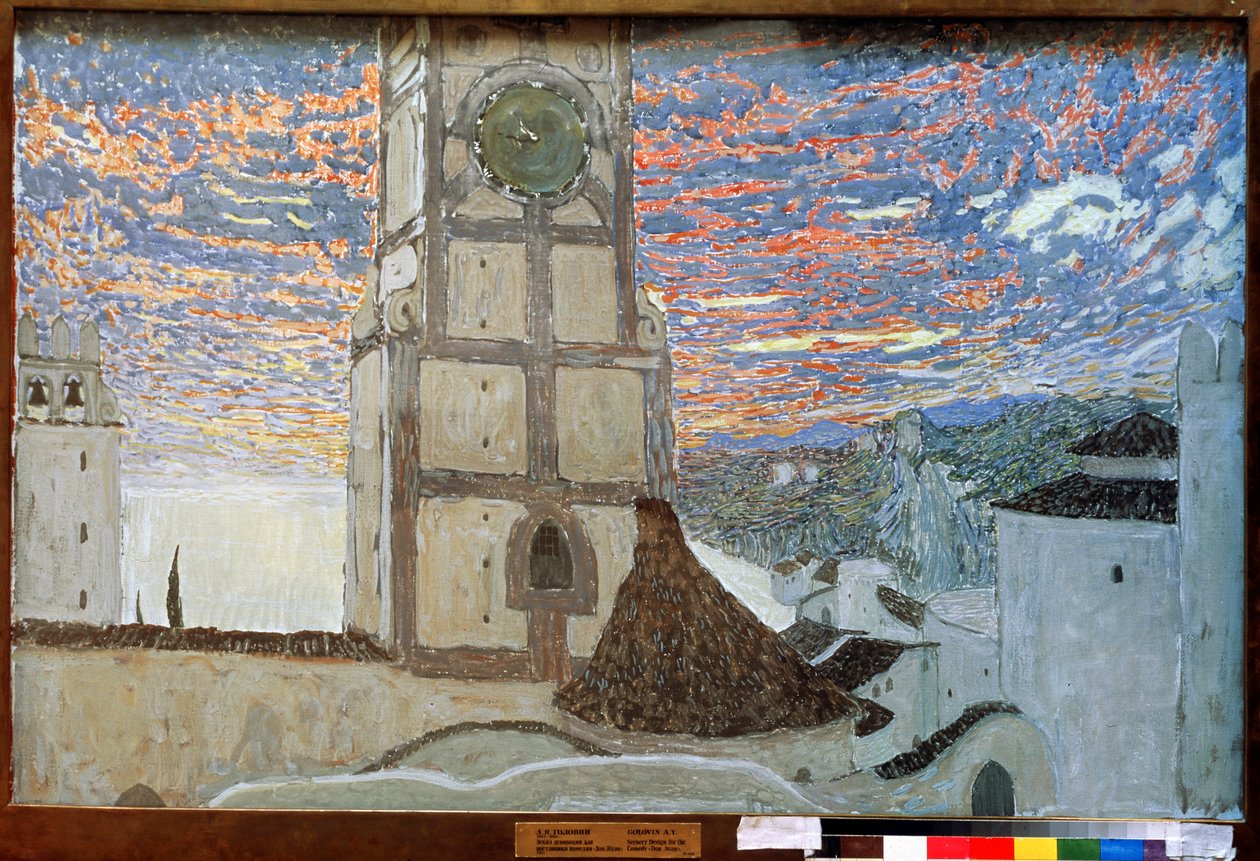 Wioska Sycylijska, Scenografia dla Dom Juana Moliera, 1910 (tempera na płótnie) autorstwa Aleksandr Jakovlevic Golovin