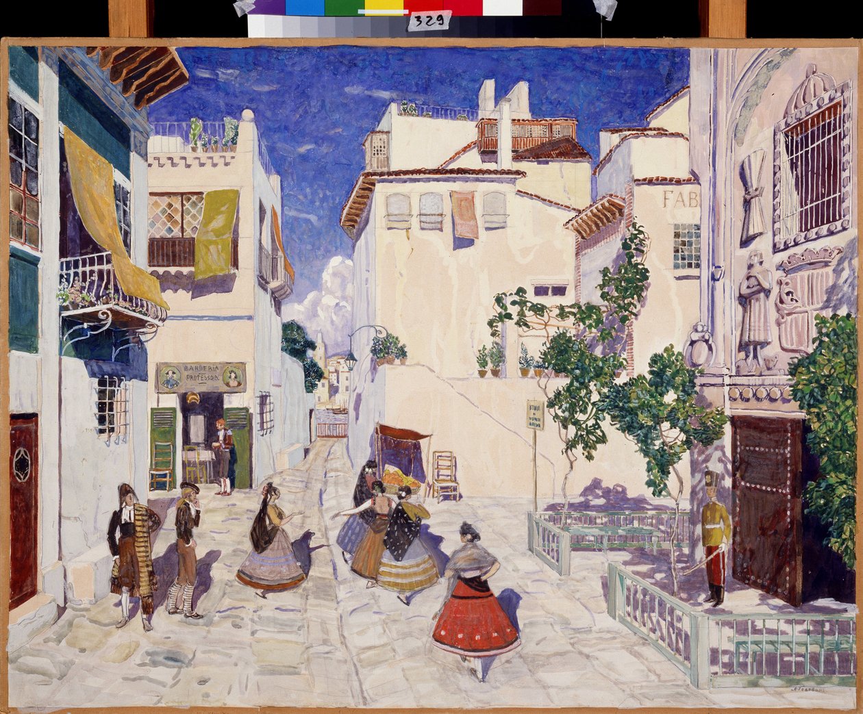Une rue a Sewilla (Hiszpania), Dekoracja do opery Carmen Georgesa Bizeta (1838-1875) (Ulica A w Sewilli, Scenografia do opery Carmen G. Bizeta). Praca Aleksandra Jakowlewicza Gołowina (Aleksander Gołowin) (1863-1930), tempera na papierze autorstwa Aleksandr Jakovlevic Golovin