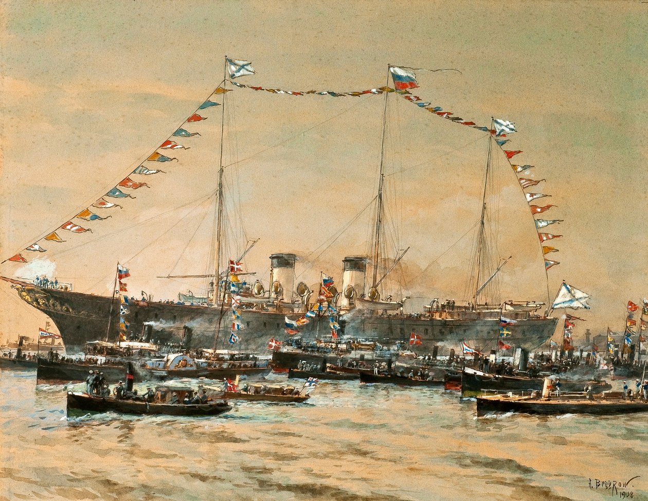 Cesarz Mikołaj II odwiedzający swój jacht Polestar, 1908 autorstwa Aleksandr Karlovich Beggrov