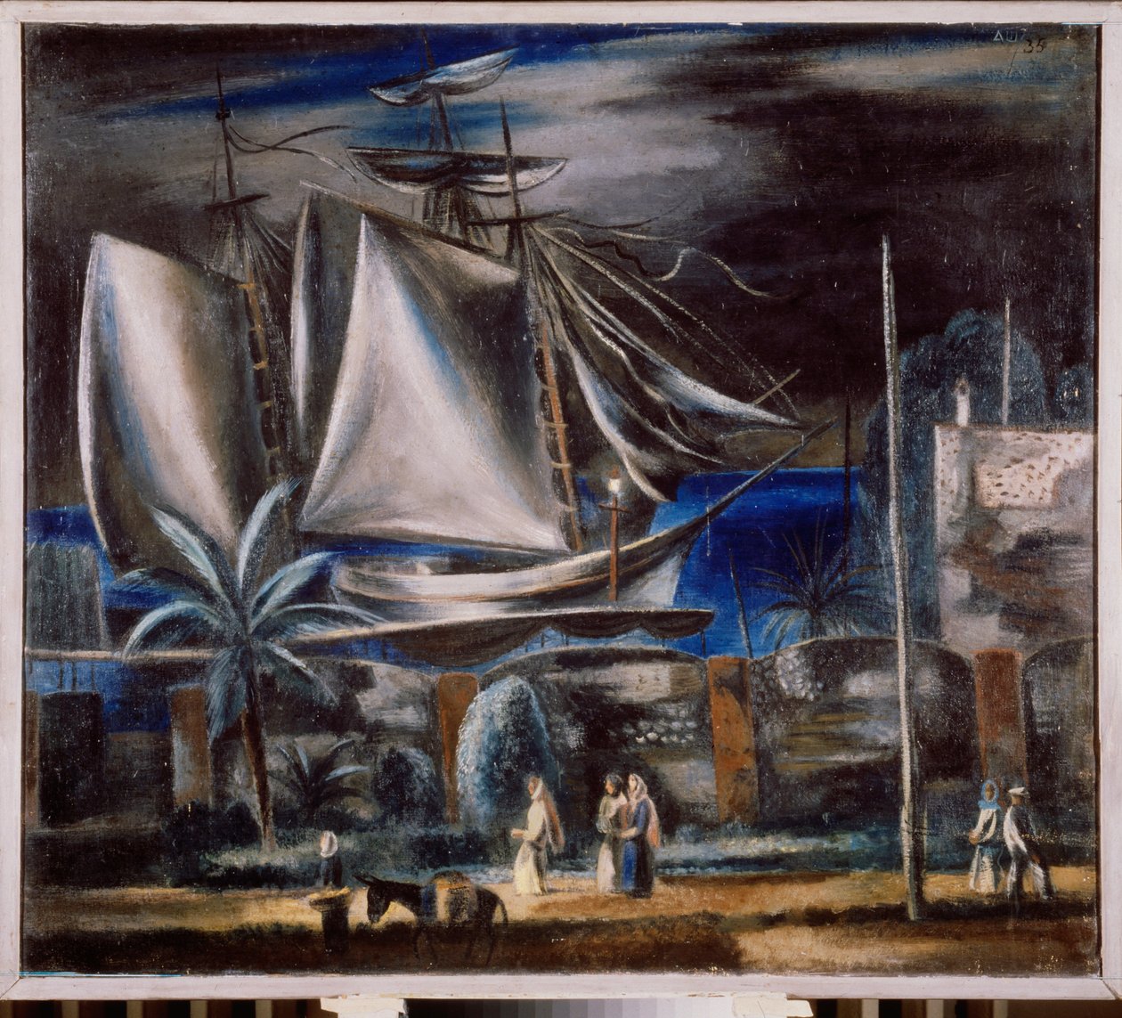 Port marin, la nuit (Żaglowiec cumuje na Morzu Czarnym) - Port morski nocą - Obraz Aleksandra Wasiljewicza Szewczenki (Aleksander Szewczenko) (1883-1948), olej na płótnie autorstwa Aleksandr Vasilievich Shevchenko