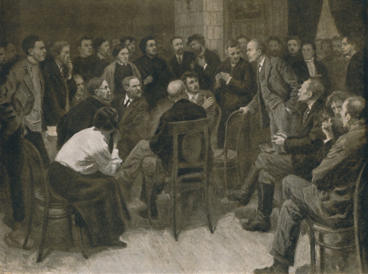 „Debata Lenina z narodnikiem Woroncowem 1894”, 1939. autorstwa Aleksandr Viktorovic Moravov
