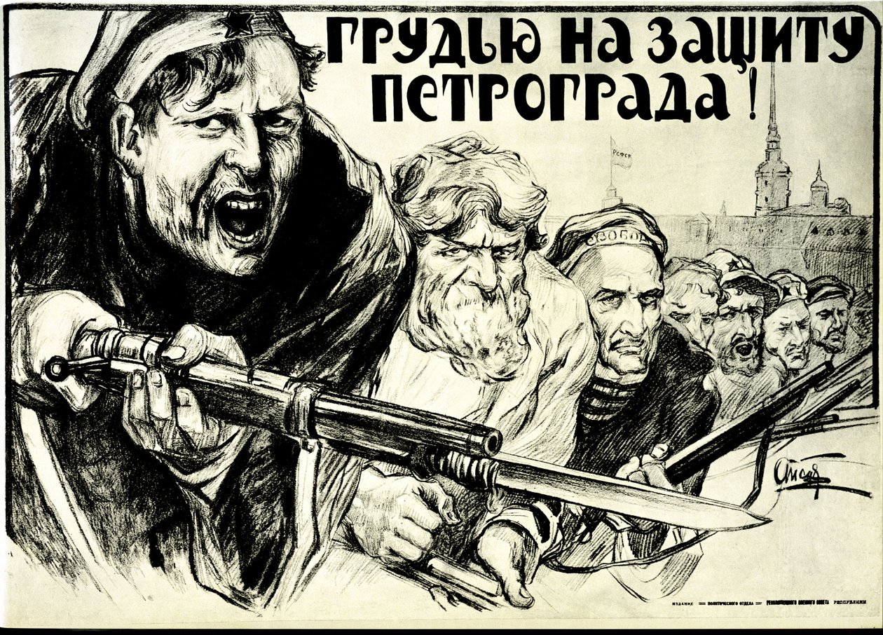 Rewolucja rosyjska. Plakat propagandowy autorstwa Aleksandra Pietrowicza Apsita (1880-1944): Brońcie męstwa Piotrogrodu! - 1919. Karabin Baionette. autorstwa Aleksandrs Apsit