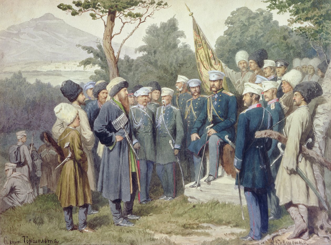 Przywódca rasy kaukaskiej Szamil (ok. 1798-1871) poddający się hrabiemu Bariatyńskiemu w 1859, 1880 autorstwa Aleksei Danilovich Kivshenko