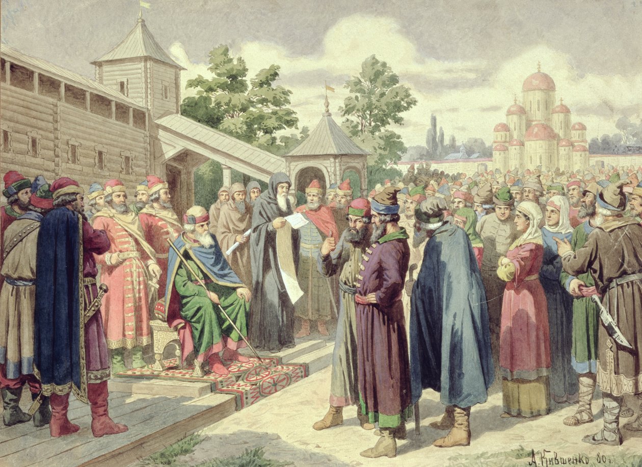 Odczytanie kodeksu w obecności Wielkiego Księcia Nowogrodzkiego Jarosława, 1880 (wc na płótnie) autorstwa Aleksei Danilovich Kivshenko