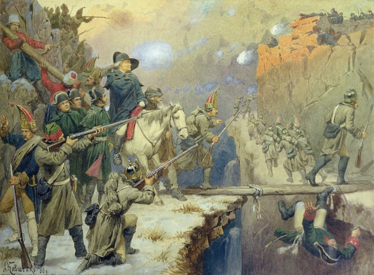 Suworow przekraczający Diabelski Most w 1799, 1880 autorstwa Aleksei Danilovich Kivshenko