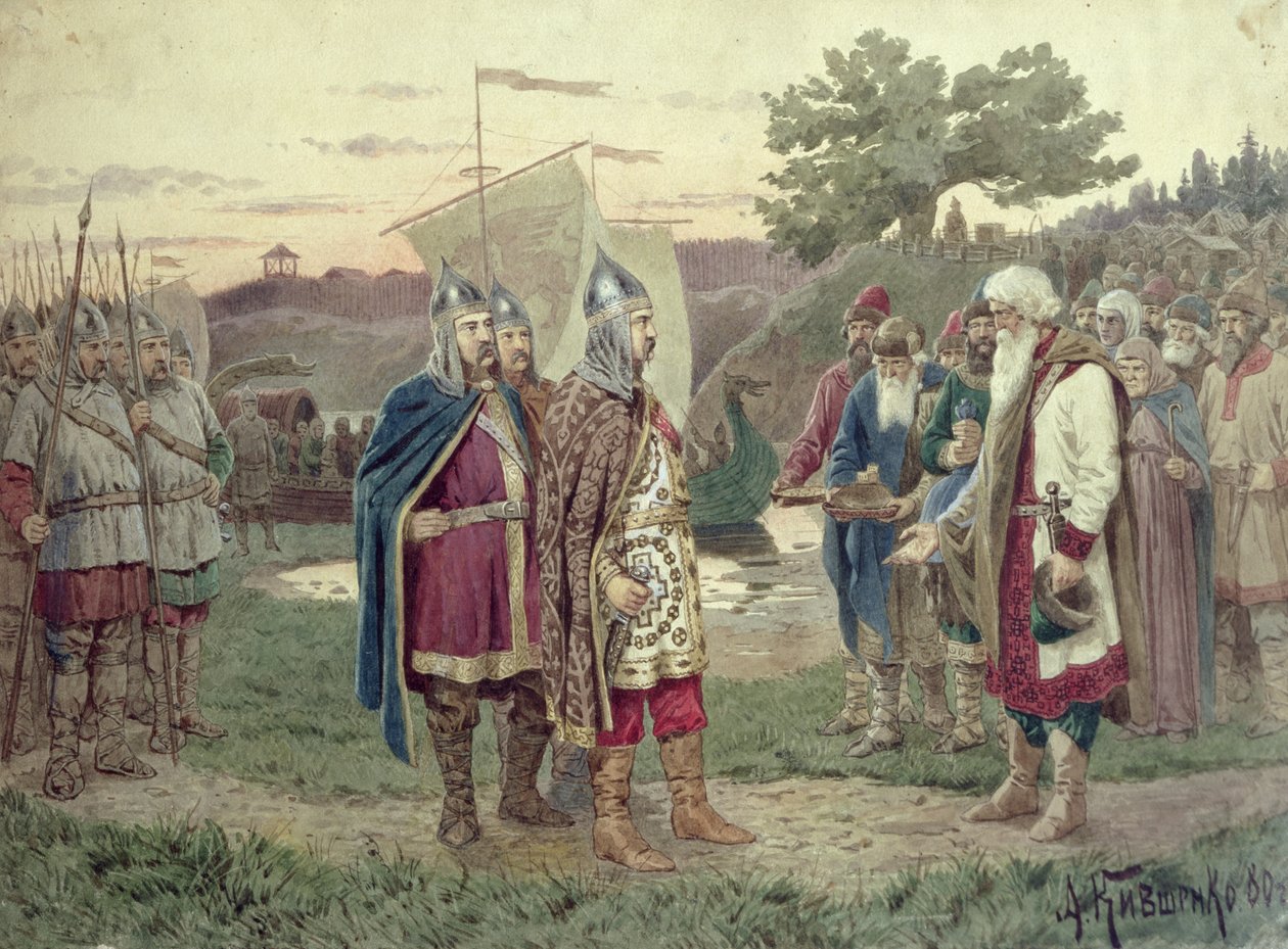 Spotkanie wielkiego księcia z mieszkańcami słowiańskiego miasta w IX wieku, 1880 autorstwa Aleksei Danilovich Kivshenko