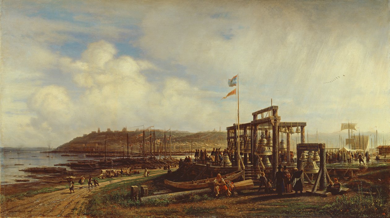 Stoiska z dzwonkami na targu w Niżnym Nowogrodzie, 1862 r. autorstwa Aleksei Petrovich Bogolyubov