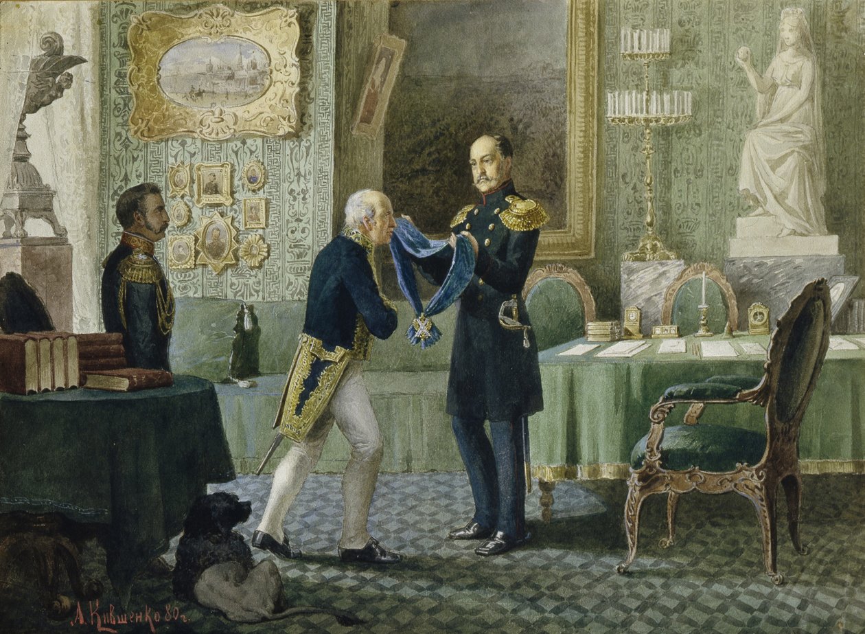 Cesarz Mikołaj I wręcza hrabiemu Michaiłowi Sperańskiemu niebieską przepaskę Orderu św. Andrzeja, 1880 r. autorstwa Aleksei Danilovich Kivshenko
