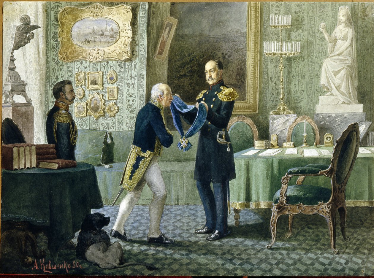 Cesarz Rosji Mikołaj I (1796-1855) wręcza Błękitną Wstęgę Orderu Świętego Andrzeja hrabiemu Michaiłowi Sperańskiemu (1772-1839). (Cesarz Mikołaj I przyznaje Błękitną Wstęgę Orderu św. Andrzeja hrabiemu Michaiłowi Speranskiemu). Praca Aleksieja Daniłowicza autorstwa Aleksei Danilovich Kivshenko