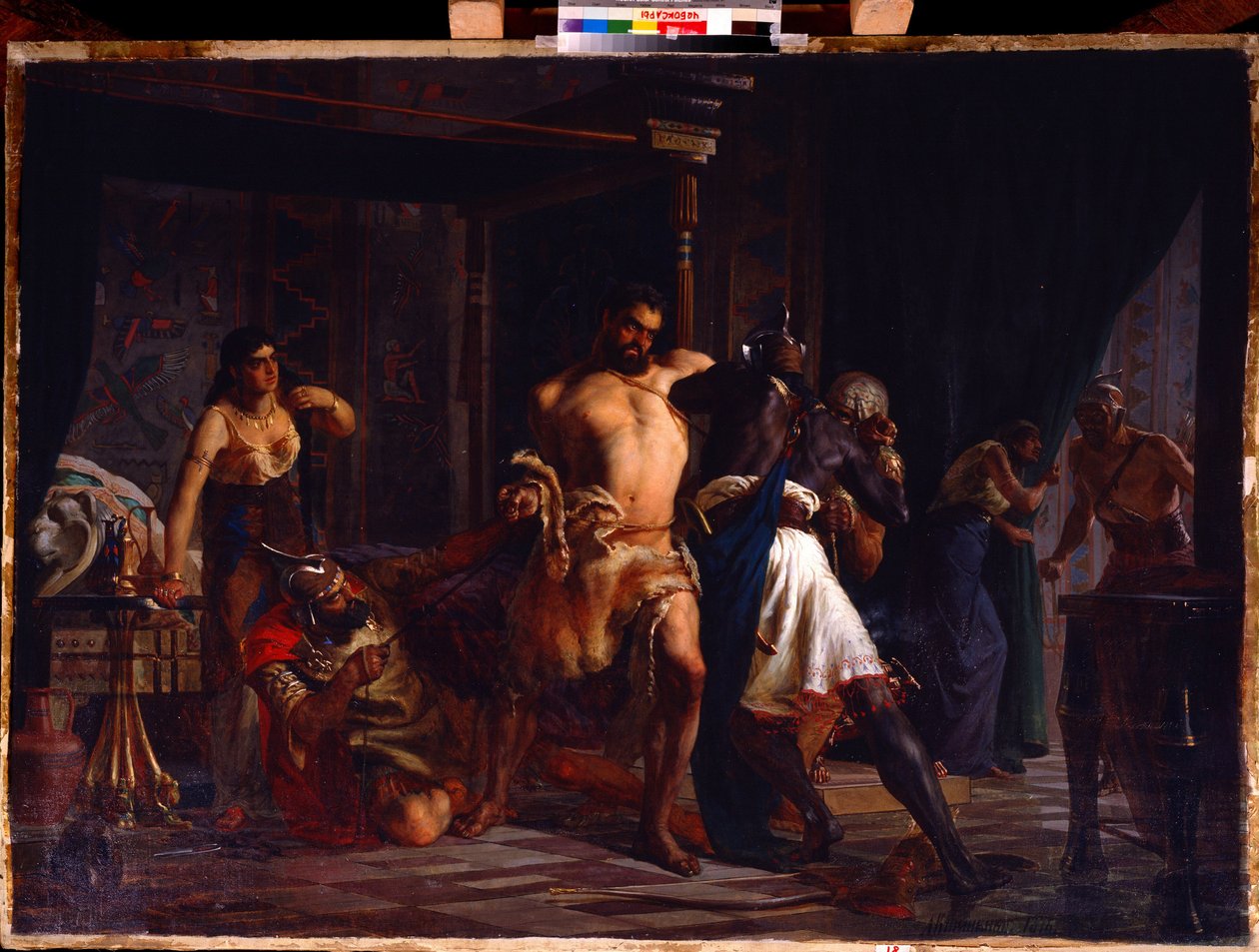 Samson i Dalila (Samson i Dalila). Biblijny bohater zaatakowany w swoim pokoju przez filistyńskich żołnierzy, którzy próbują związać go sznurem jego włosów, którego część leży na ziemi za pomocą nożyczek, za Samsonem Delilah trzyma w swoim autorstwa Aleksei Danilovich Kivshenko