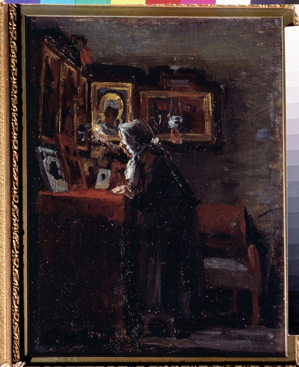 Przed ucztą religijną (Przed ucztą religijną) - Obraz Aleksieja Fiodorowicza Afanasjewa (Alexis Afanasyev) (1850-1920) - Olej na płótnie, 41 x 31,5 cm autorstwa Aleksei Fyodorovich Afanasyev