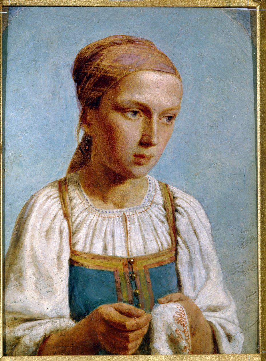 Hafciarka krajowa. (Haft Country Girl). Portret młodej dziewczyny w tradycyjnym rosyjskim stroju, trzymającej w rękach igłę i pracę. Praca Aleksieja (Alexis) Gavrilovich Venetsianov (1780-1847), olej na tekturze autorstwa Aleksei Gavrilovich Venetsianov