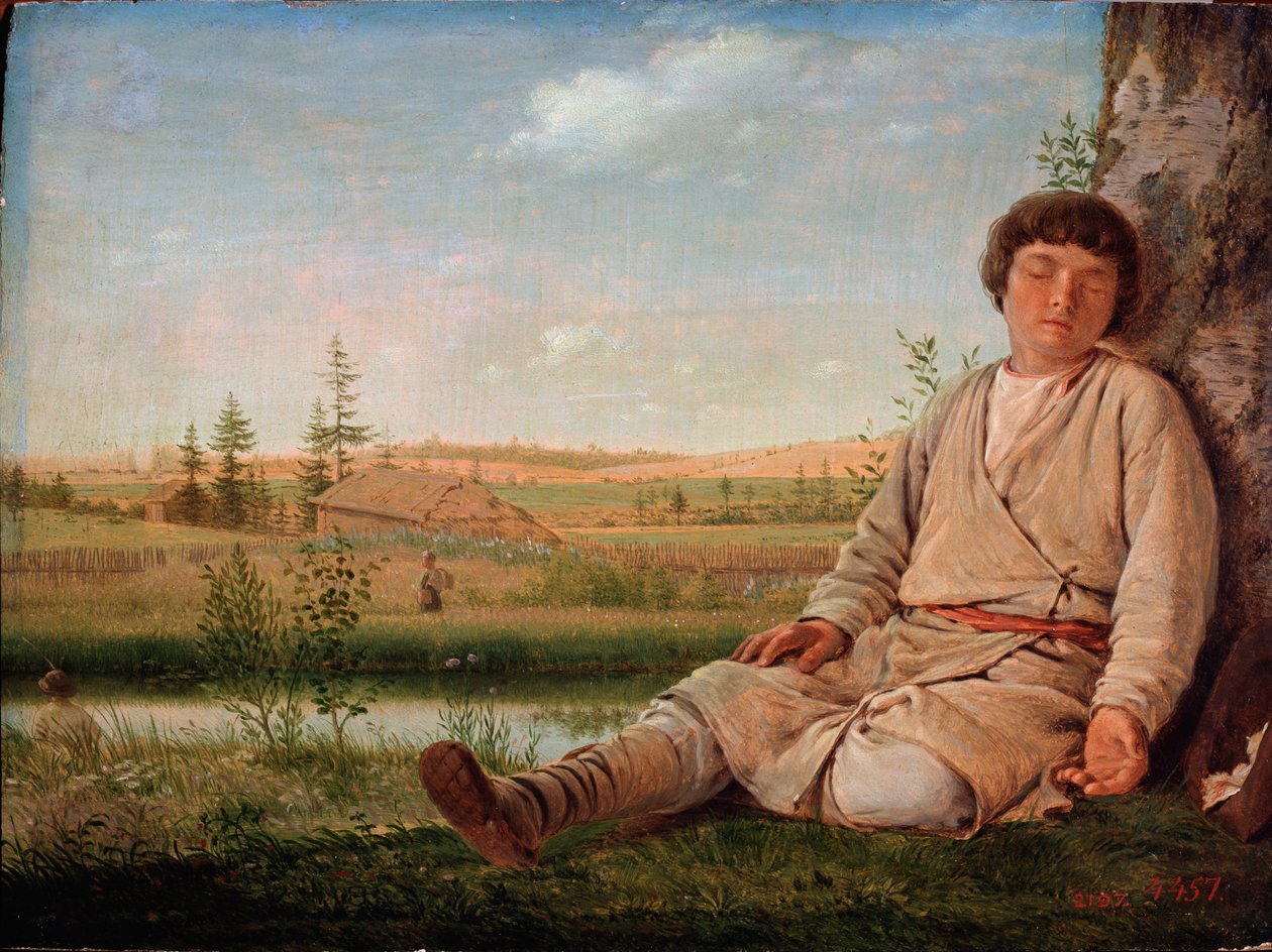 Garcon berger endormi (śpiący pasterz) - Peinture de Alexey Gavrilovich Venetsianov (1780-1847), huile sur toile autorstwa Aleksei Gavrilovich Venetsianov