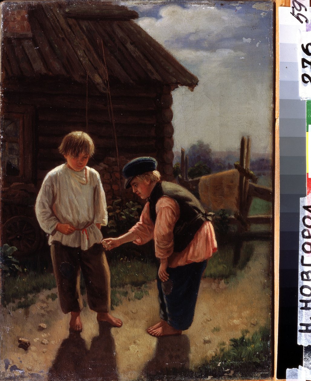 Zagraj w Knucklebones. Dwoje bosych dzieci bawi się na podwórku przed drewnianym domkiem na wsi. Obraz Aleksieja Iwanowicza Korzuchina (1835-1894), olej na płótnie. XIX-wieczna sztuka rosyjska. Państwowe Muzeum Sztuki, Niżny Nowogród (R autorstwa Aleksei Ivanovich Korzukhin