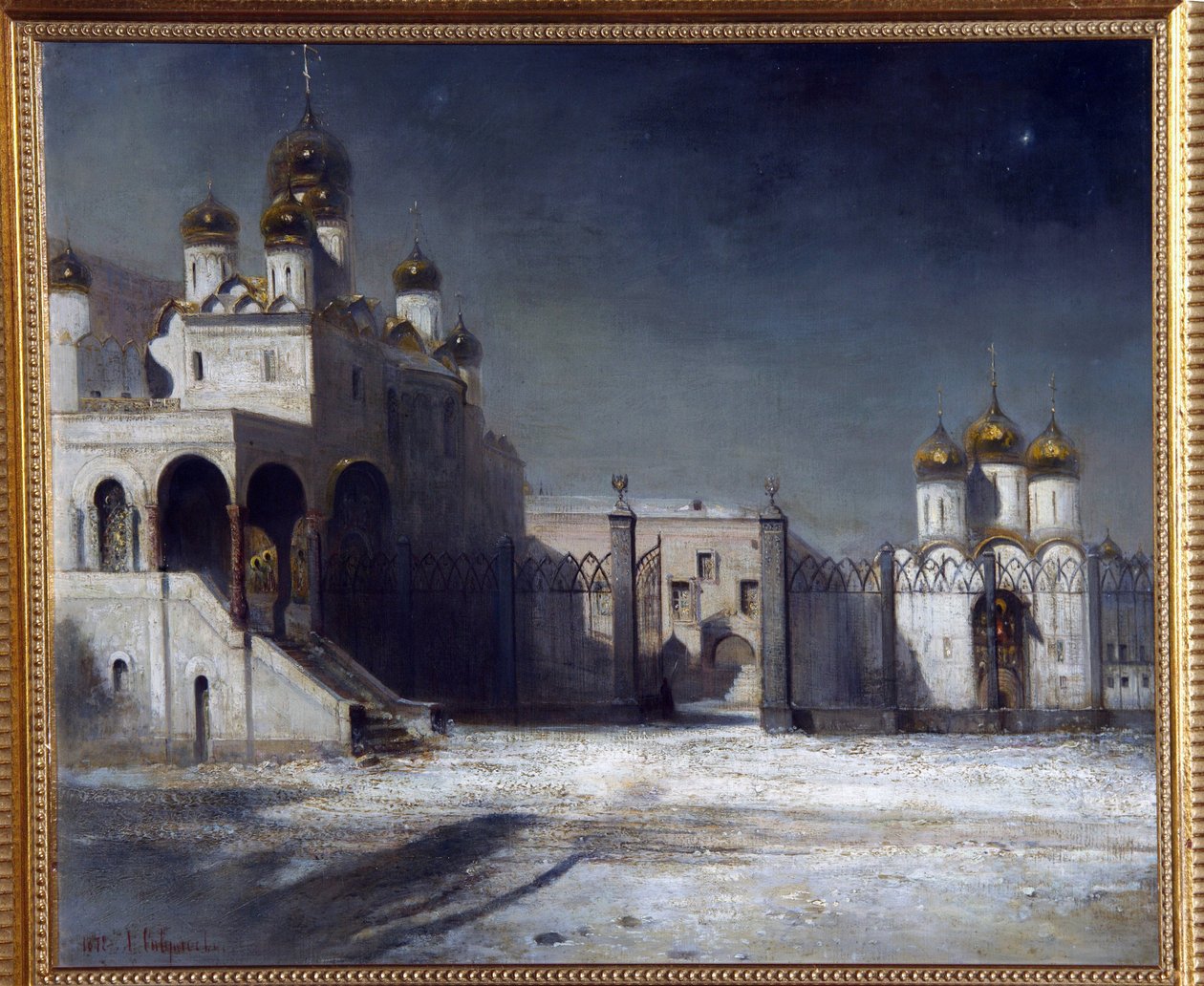 Plac Katedralny na Kremlu w nocy. (Plac Katedralny na Kremlu w nocy). Obraz Aleksieja Kondratyevicha Savrasova (Savrasov) (1830-1897), olej na płótnie autorstwa Alexei Kondratjewitsch Sawrassow