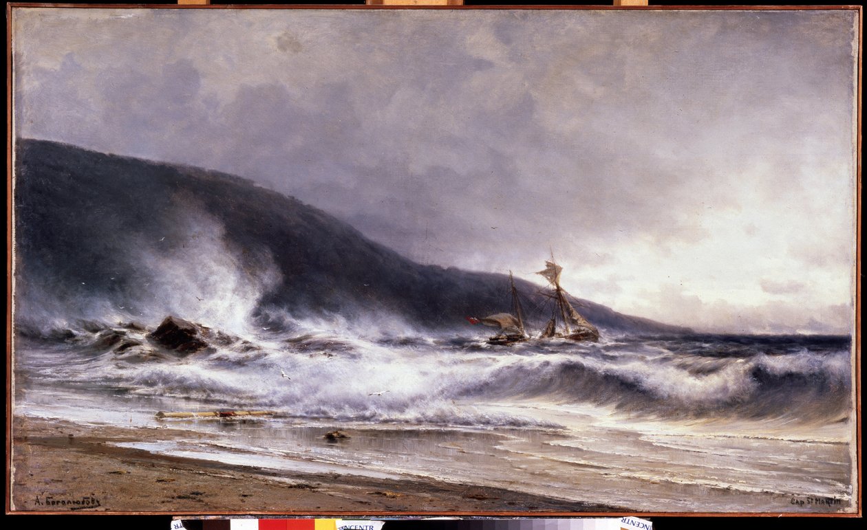 Ecume a Cap Martin (Francja) (Surf at Cap Martin). Obraz Aleksieja Pietrowicza Bogolyubowa (Bogoliubov lub Bogolioubov) (1824-1896). olej na płótnie autorstwa Aleksei Petrovich Bogolyubov