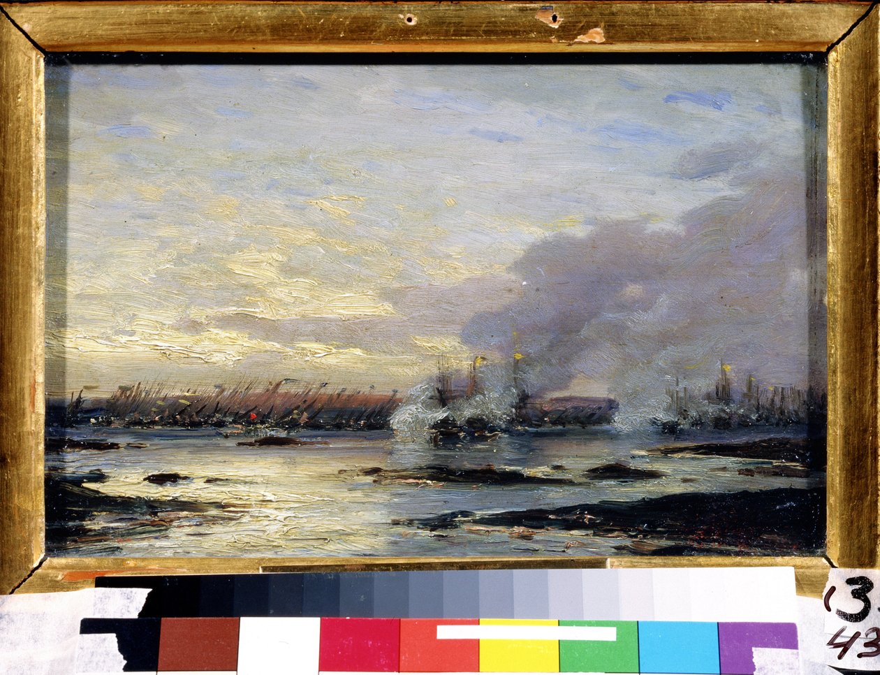 Wielka Wojna Północna (1700-1721): „Bitwa pod Gangut, w której flota rosyjska (w tym kirys Gangut) wygrała flotę szwedzką 07.08.1714” Obraz Aleksieja Pietrowicza Bogolubowa (Bogoliubowa lub Bogoliubowa) ) (1824-1896) 1876 Stan A autorstwa Aleksei Petrovich Bogolyubov