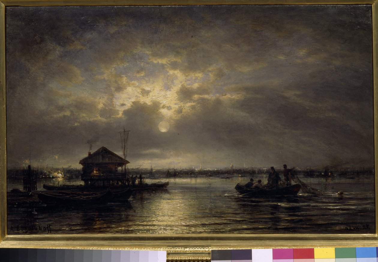 "Letnia noc nad Newą" (Letnia noc nad Newą) Obraz Aleksieja Bogolioubowa (Bogolyubov) (1824-1896) Olej na płótnie 1875 Ciemny 48x73,5 cm Państwowa Galeria Tretiakowska, Moskwa autorstwa Aleksei Petrovich Bogolyubov