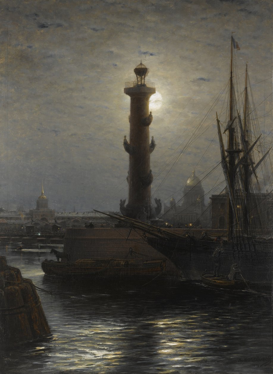 Kolumna rostralna w pobliżu Giełdy Papierów Wartościowych w Petersburgu, 1878 r. autorstwa Aleksei Petrovich Bogolyubov