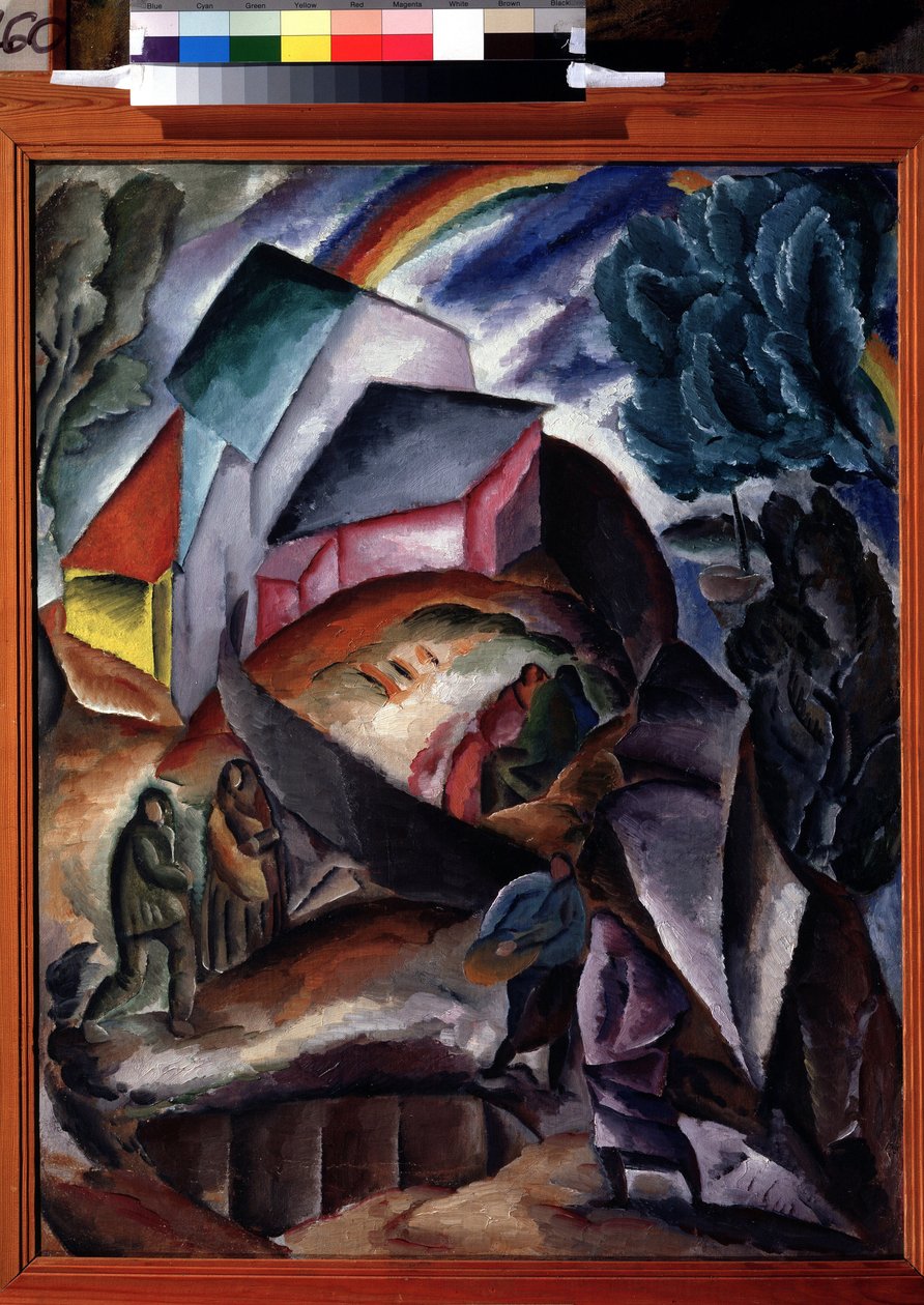 Tęcza. Górski krajobraz z wioską i postaciami, zwieńczony tęczą. Obraz Aleksieja Iljicza Krawczenki (1889-1940), olej na płótnie, ok. 1920 r. Awangarda rosyjska, pejzaż początku XX wieku. Państwowa Galeria Tretiakowska, autorstwa Aleksey Kravchenko