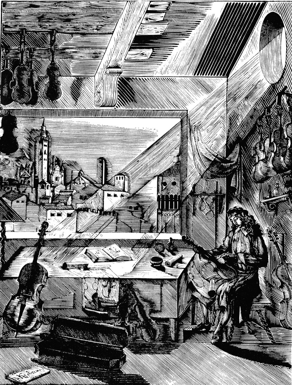 Włoski twórca instrumentów muzycznych Antonio Stradivari w swoim warsztacie, 1926. autorstwa Aleksey Kravchenko