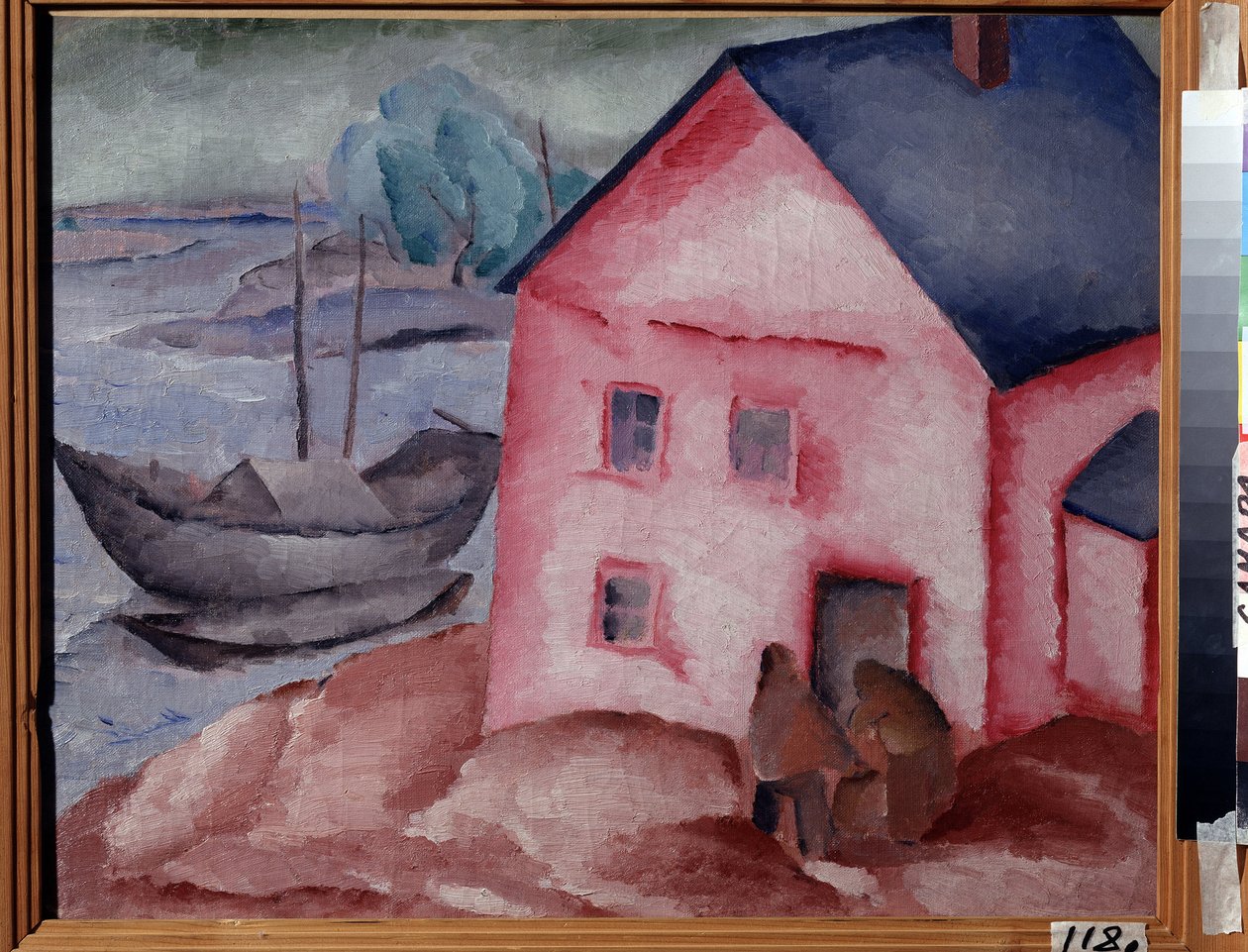 Różowy dom nad rzeką (Różowy dom nad rzeką). Z parą, łódką i zacumowaną łódką. Obraz Aleksieja Iljicza Krawczenki (1889-1940), olej na płótnie autorstwa Aleksey Kravchenko