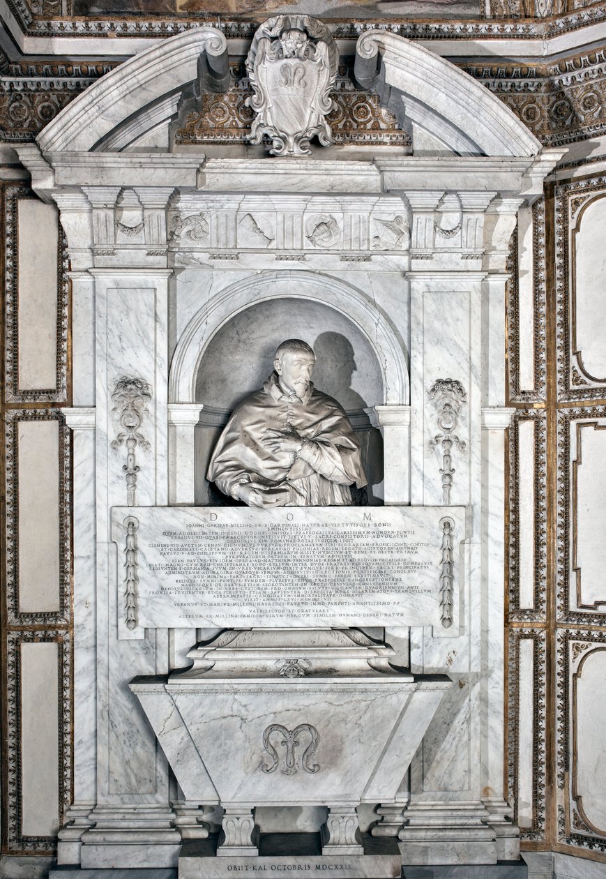 Pomnik nagrobny w hołdzie kardynałowi Giovanni Garcia Mellini z portretem w popiersiu Rzeźba z marmuru Alessandra Algardiego (1598-1654) 1630 wokół Rzymu Bazylika Santa Maria del Popolo, Cappella Mellini autorstwa Alessandro Algardi