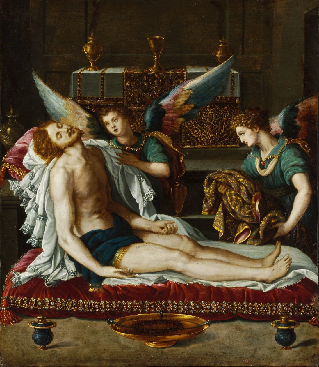Le Corps du Christ oint par deux anges - Ciało Chrystusa namaszczone przez dwa anioły - Allori, Alessandro (1535-1607) - ok. 1593 - Olej na miedzi - 45x39 - Muzeum Szepmuveszeti, Budapeszt autorstwa Alessandro Allori