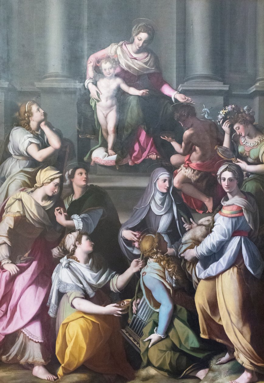 Madonna na tronie z Dzieciątkiem w otoczeniu świętych i postaci autorstwa Alessandro Allori