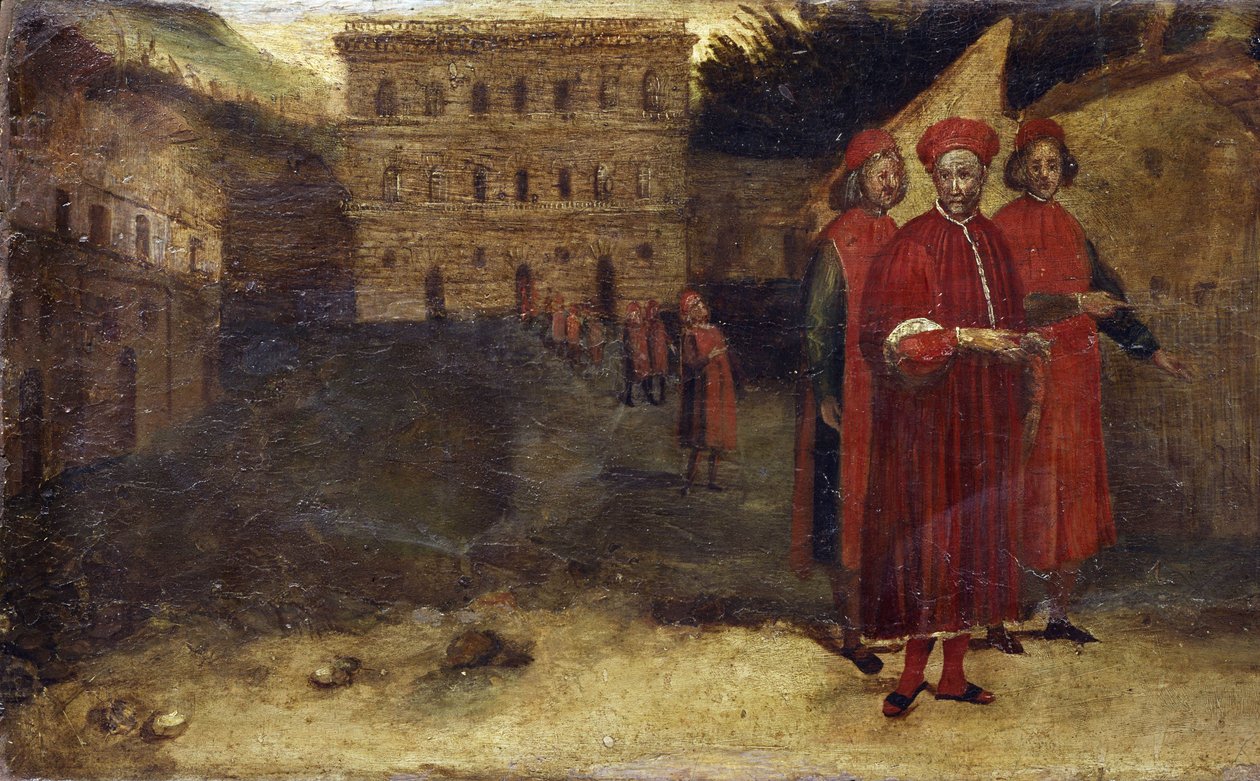 Święci Męczennicy, szczegół predelli z przedstawieniem pałacu (Palazzo) Pitti w tle. Obraz namalowany przez Alessandro Allori (1535-1607) autorstwa Alessandro Allori