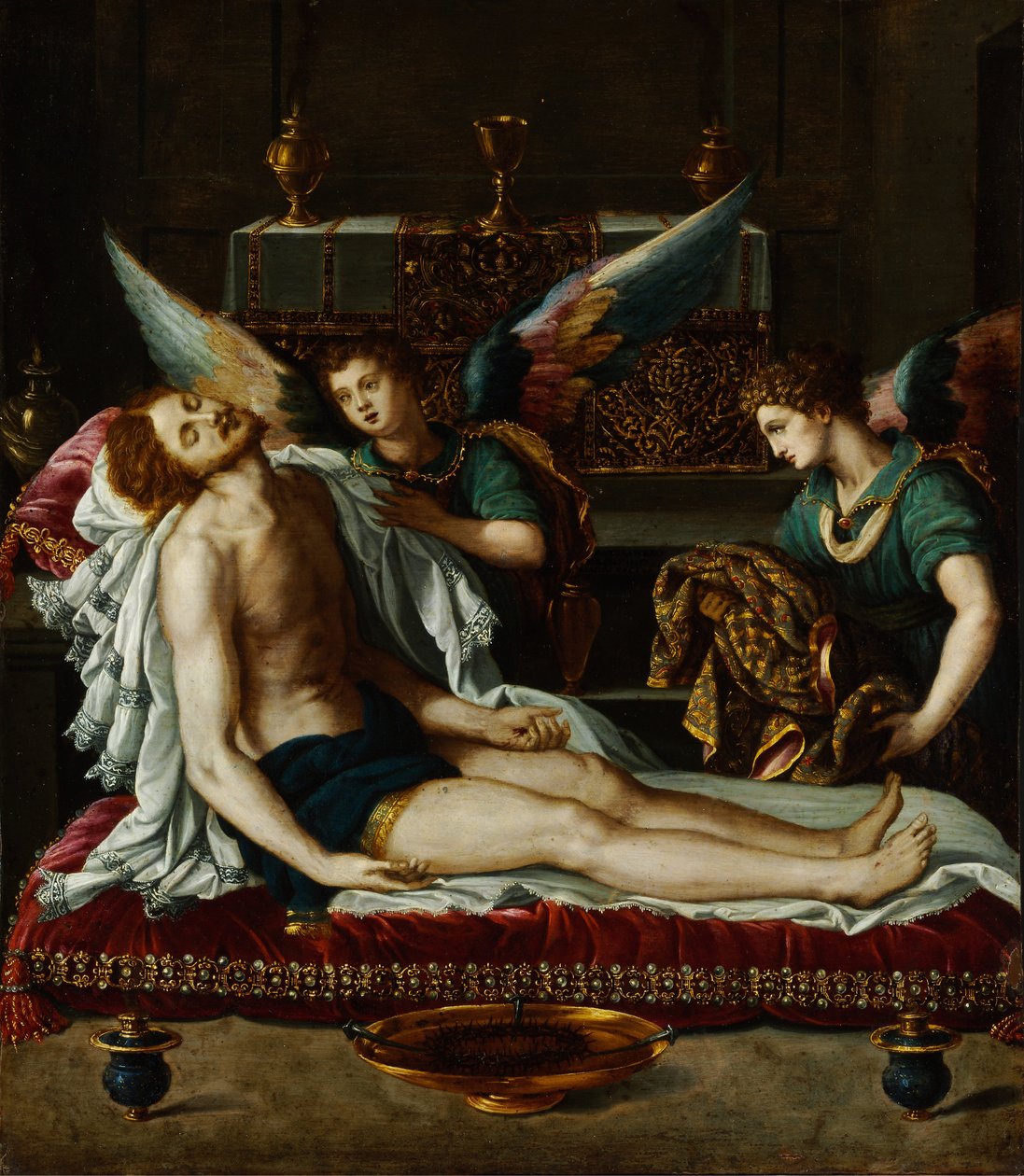 Ciało Chrystusa namaszczone przez dwóch aniołów autorstwa Alessandro Allori