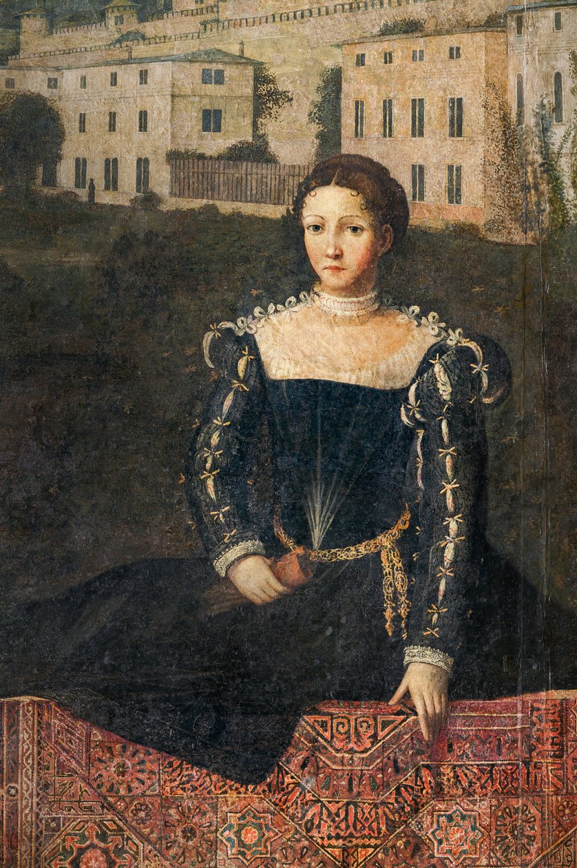 Portret szlachcianki, detal Małej Sali Szlachetnych Dam (olej na płótnie przyklejony do ścian) autorstwa Alessandro Bonvicino Moretto