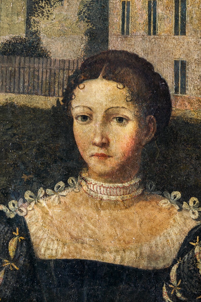 Portret szlachcianki, detal Małej Sali Szlachetnych Dam (olej na płótnie przyklejony do ścian) autorstwa Alessandro Bonvicino Moretto