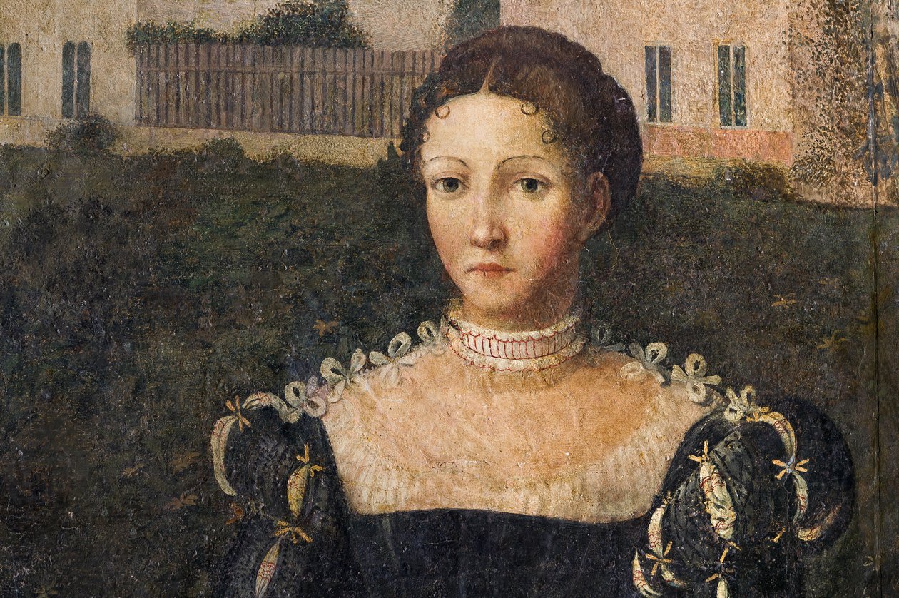 Portret szlachcianki, detal Małej Sali Szlachetnych Dam (olej na płótnie przyklejony do ścian) autorstwa Alessandro Bonvicino Moretto
