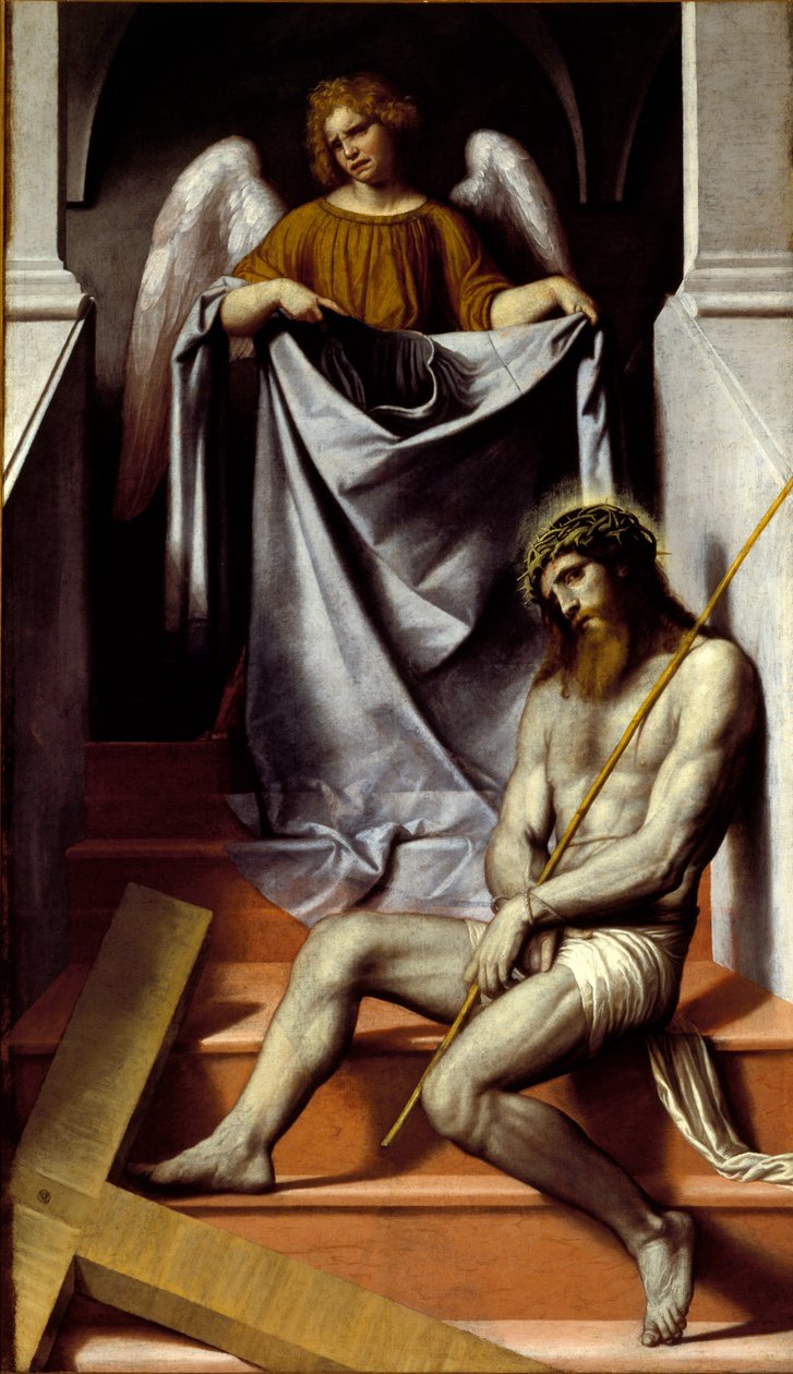 Męka Chrystusa i Anioł Chrystus upada w cierpieniu pod swoim krzyżem. Obraz Alessandro Bonvicino dit Il Moretto da Brescia (1498-1554) XVI w. Niedz. 209x126 cm Brescia, Pinakoteka Tosio Martinengo autorstwa Alessandro Bonvicino Moretto