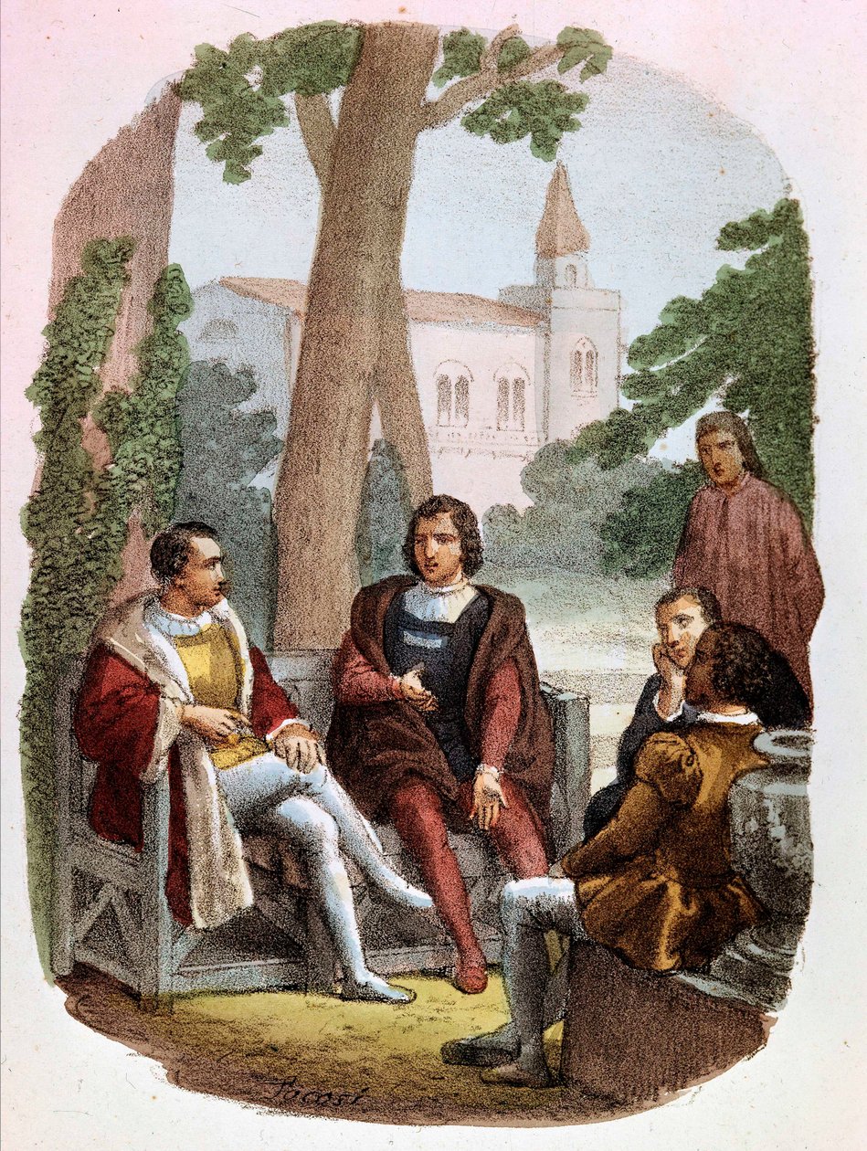 Fabrizio Colonna i Cosimo Rucellai omawiają sztukę wojenną - w „Dziełach wszystkich Niccolo Machiavellego”, ilustracja Alessandro Focosi (1836 - 1869). „Sztuka wojny” Niccolo di Bernardo dei Machiavelli (Nicolas Machiavel autorstwa Alessandro Focosi