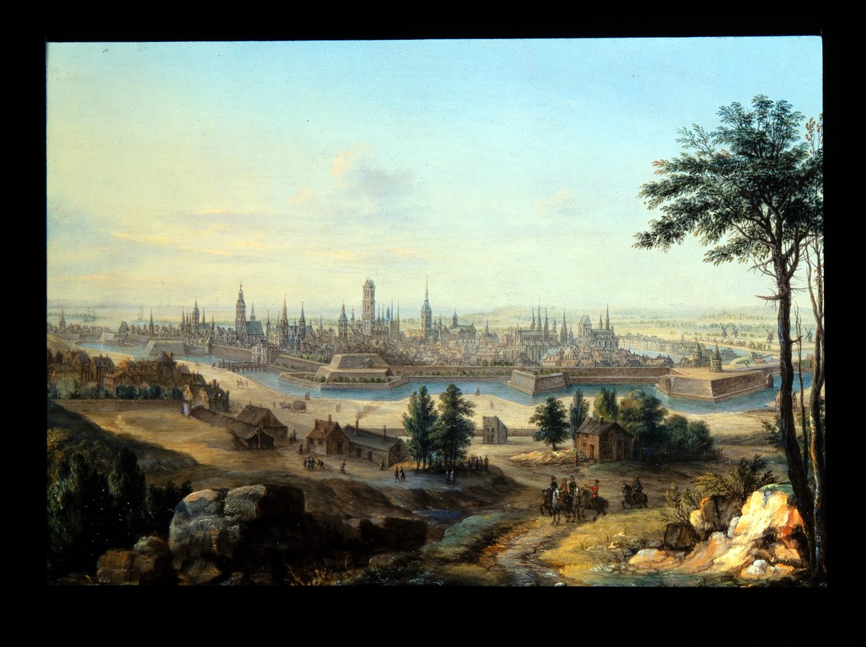 Näkymä Danzigista; Capriccio Näkymä palatsille (metalli: hopeoitu kupari) kiillotusaine autorstwa Alessandro Greuenbroeck