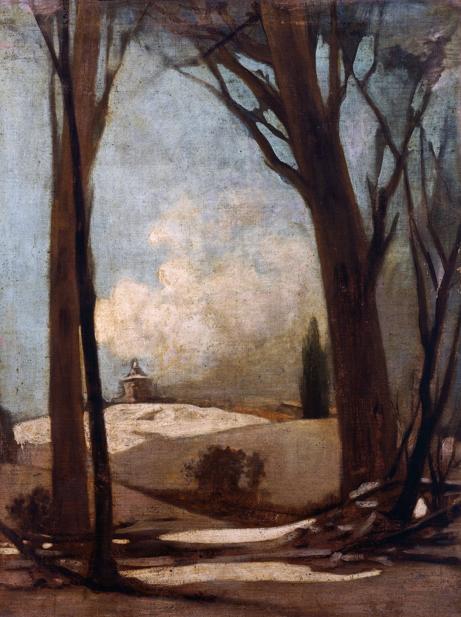 Śnieżny krajobraz z San Luca, obraz Alessandro Guardassoniego (1819-1888), Włochy autorstwa Alessandro Guardassoni