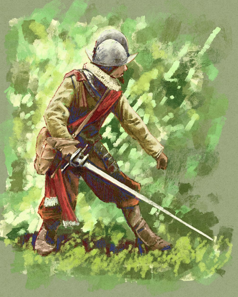 Hiszpański żołnierz konkwistador z XVII wieku przez południowoamerykańską dżunglę (ilustracja) autorstwa Alessandro Lonati