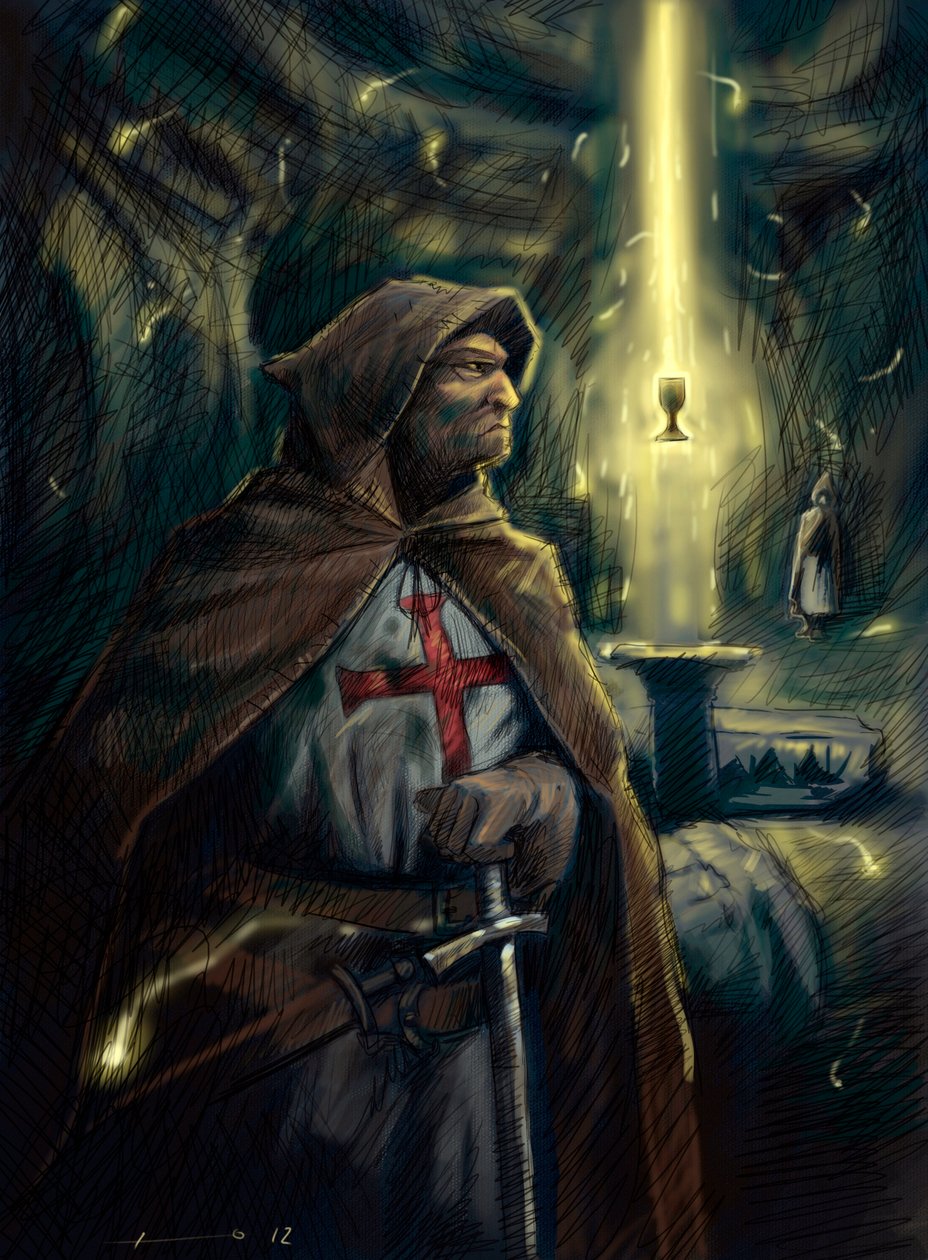 Rycerz Zakonu Templariuszy (Templariuszy) za nim kielich Świętego Graala. Ilustracja Alessandro Lonati autorstwa Alessandro Lonati