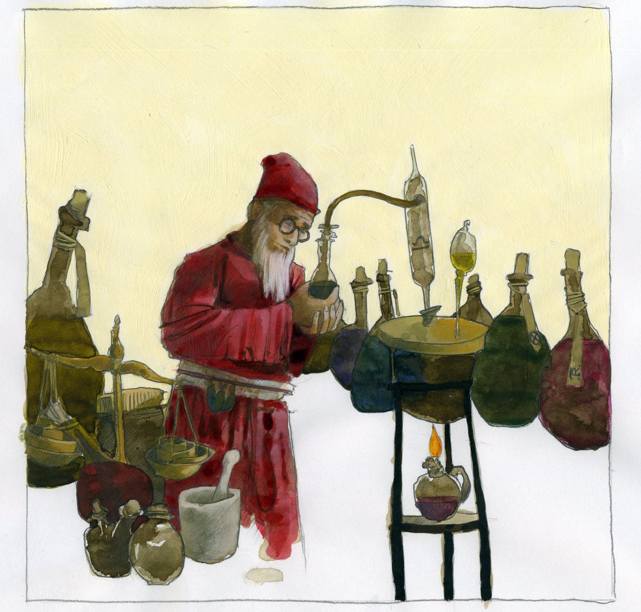Alchemik w swoim laboratorium otoczony fiolkami i alembikami Ilustracja: Alessandro Lonati autorstwa Alessandro Lonati