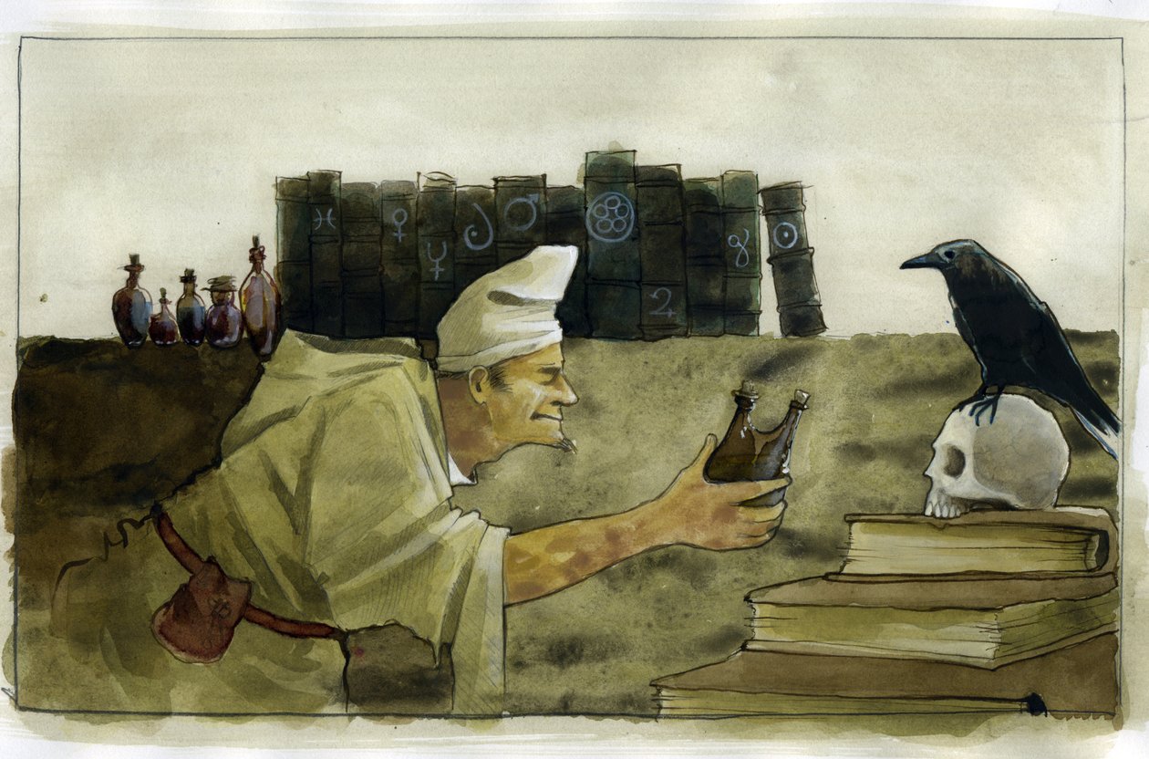 Alquimista em seu laboratório com um corvo, uma caveira Ilustração de Alessandro Lonatipolish autorstwa Alessandro Lonati