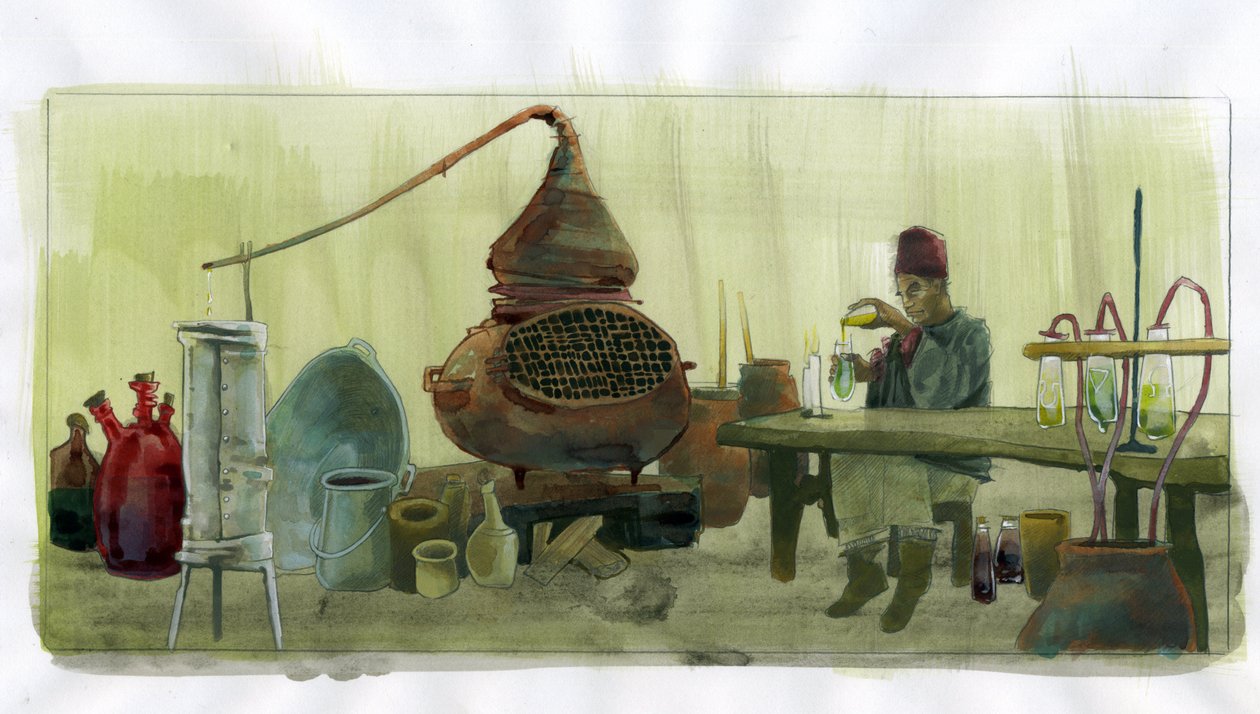 Alchemik w swoim laboratorium ze słoikami i destylatorem (alchemik w swoim laboratorium ze słoikami i destylatorem) Ilustracja: Alessandro Lonati autorstwa Alessandro Lonati