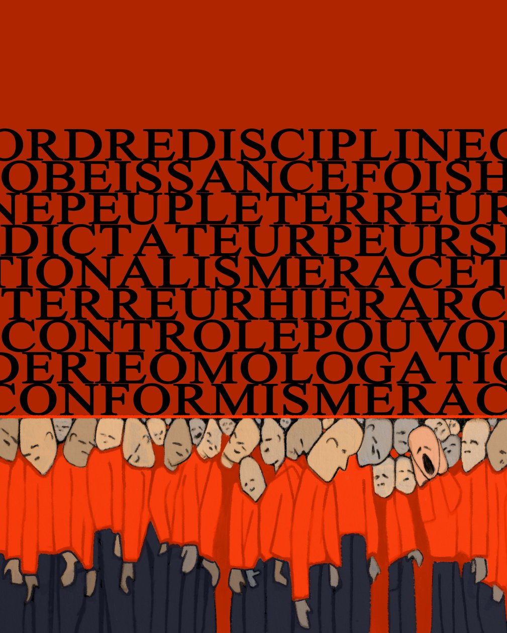 Alegoria ciężaru dyktatury, represji, dyscypliny nad człowiekiem, tłumu miażdżonego władzą i strachu przed tyranami - Ilustracja 2014 autorstwa Alessandro Lonati