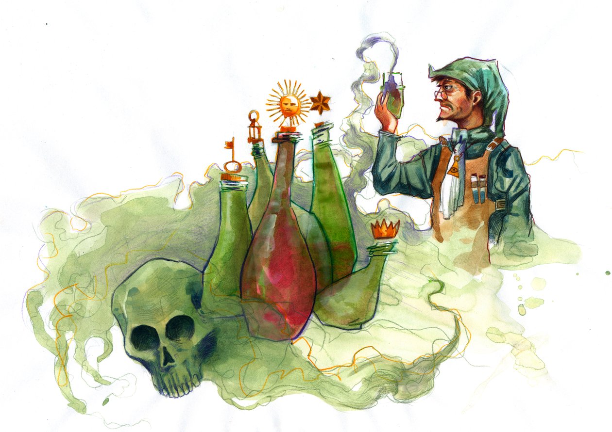 Alchemik w swoim laboratorium otoczony fiolkami i aparatami destylacyjnymi badający zawartość fiolki (alchemik w swoim laboratorium otoczony fiolkami i aparatami destylacyjnymi) autorstwa Alessandro Lonati