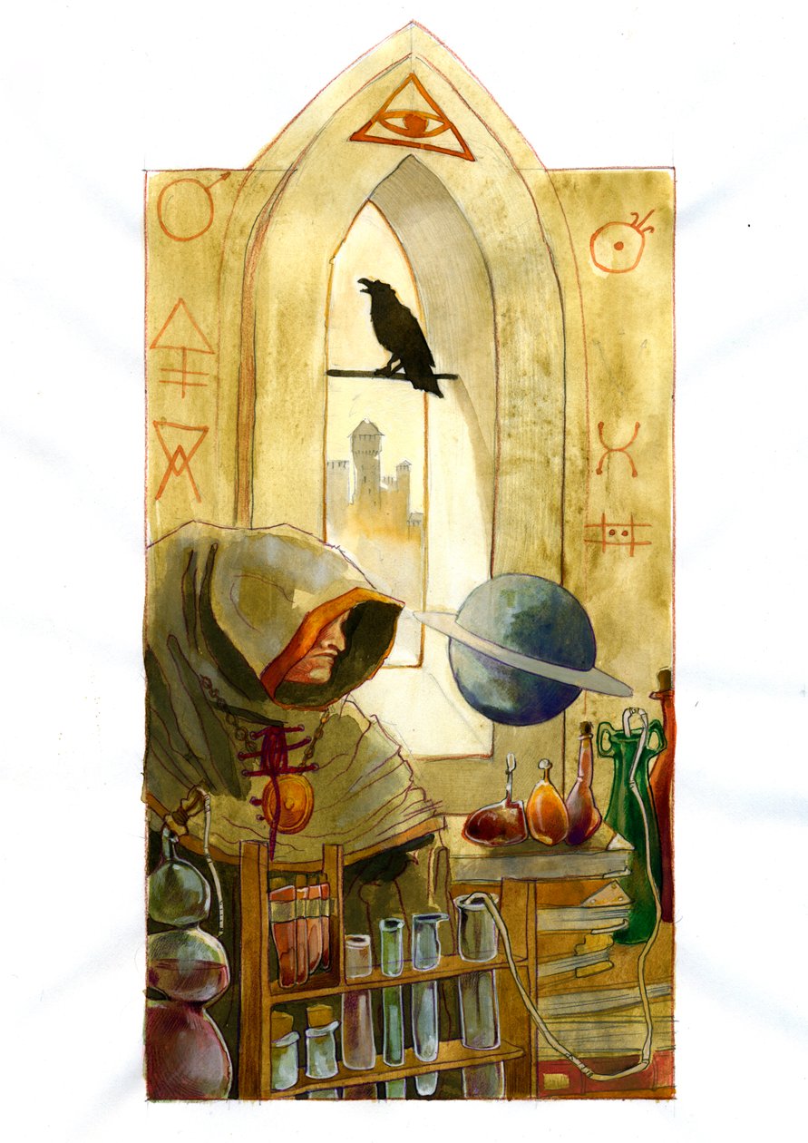 Alchemik w swoim laboratorium otoczony fiolkami i aparatami destylacyjnymi badający zawartość fiolki (alchemik w swoim laboratorium otoczony fiolkami i aparatami destylacyjnymi) autorstwa Alessandro Lonati