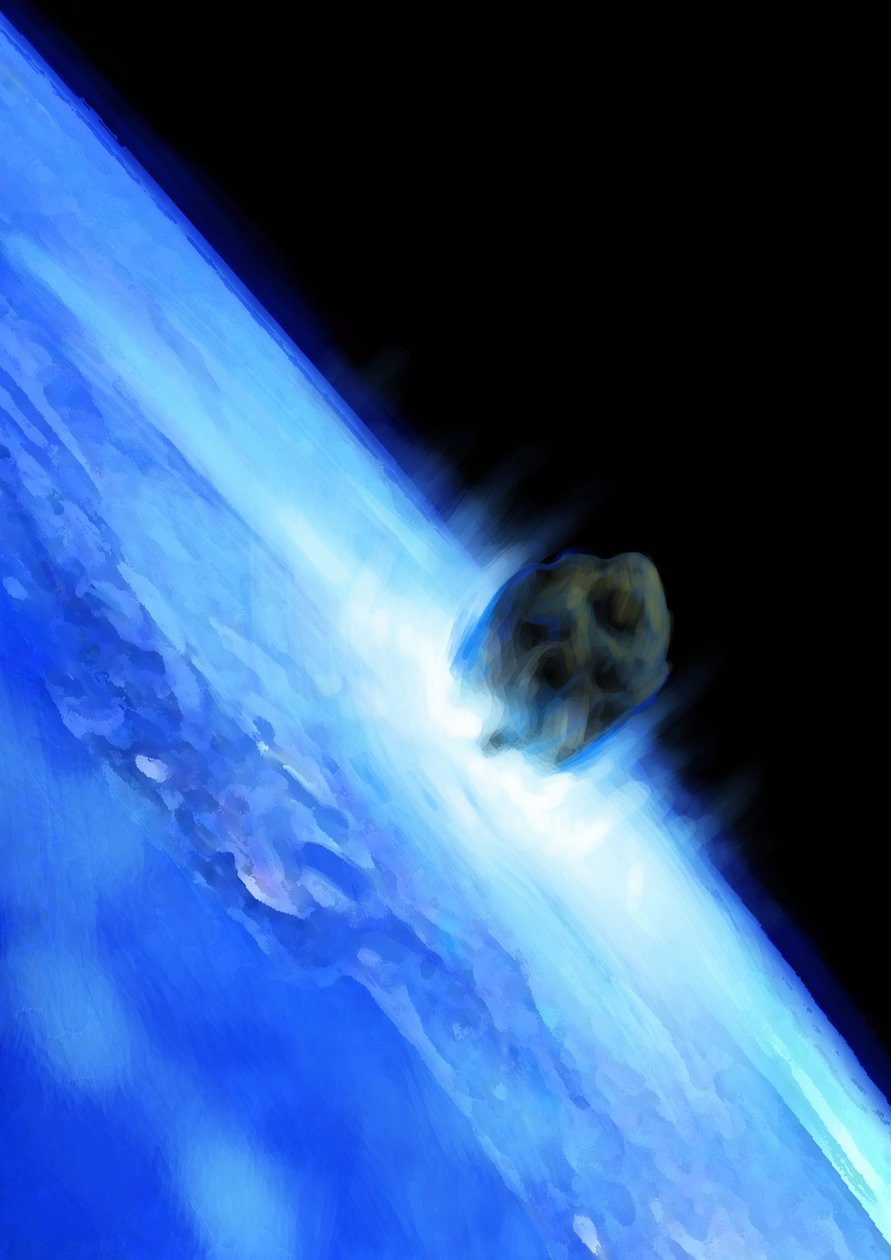 Asteroida wytrącająca się w kierunku Ziemi, koniec świata. Rysunek autorstwa Alessandro Lonatiego. 2012. autorstwa Alessandro Lonati