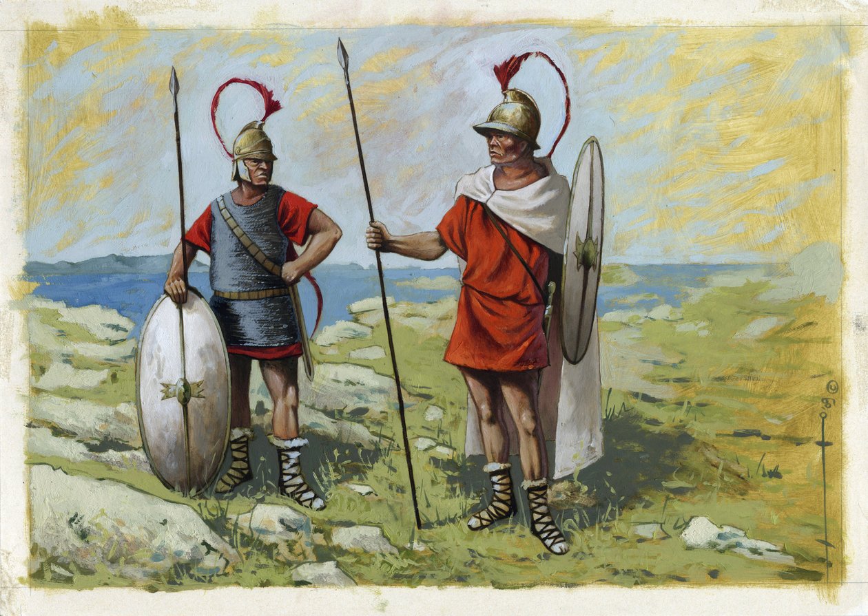 Starożytna Grecja: najemnik tureoforów (Thureophoros lub Thureophoroi) (III-I wiek pne) (po prawej) i Thorakites (Thorakitai) (po lewej). Rysunek autorstwa Alessandro Lonatiego autorstwa Alessandro Lonati