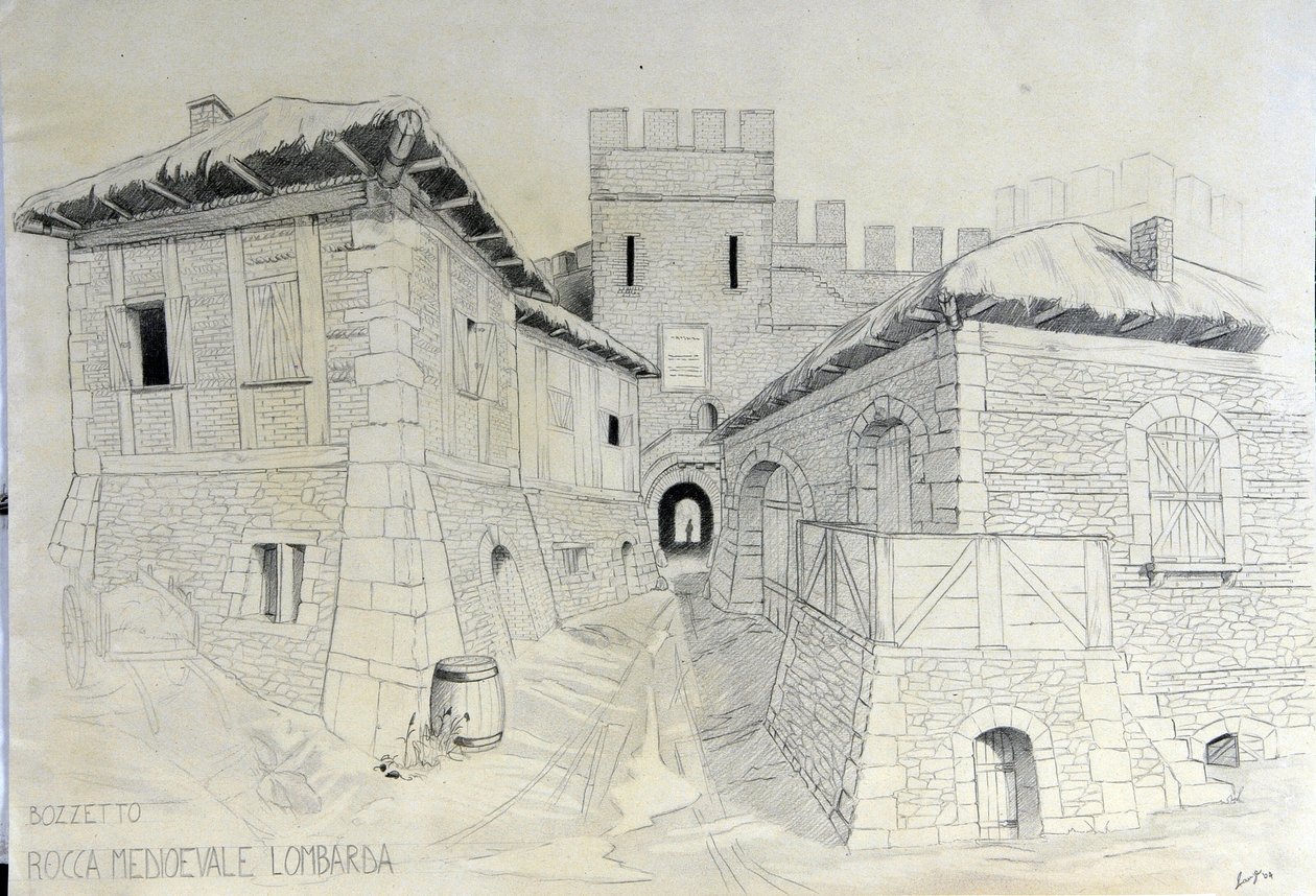 Architektura średniowiecza: widok na mury obronne średniowiecznego miasta lombardzkiego. Szkic ołówkiem Alessandro Lonati. autorstwa Alessandro Lonati