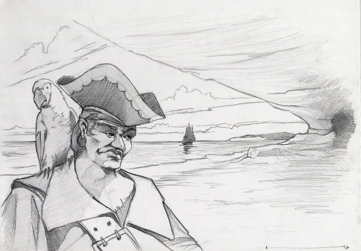 Karaibski pirat z papugą szukający skarbu w jaskini na plaży, z galeonem. Rysunek autorstwa Alessandro Lonatiego. autorstwa Alessandro Lonati